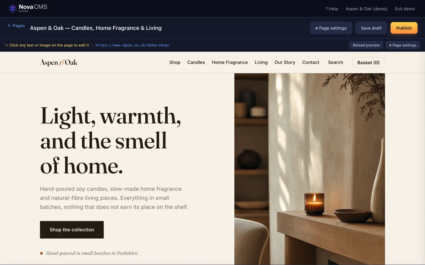Editing the Aspen and Oak demo shop homepage inside Nova CMS